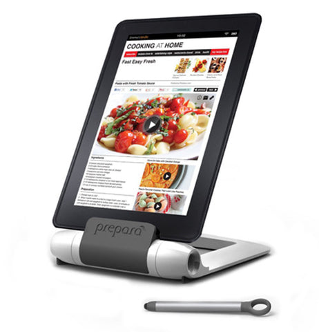 This is a grey plastic multi positioning tablet stand that is being used to show a recipe.  It comes with it's own stylus.