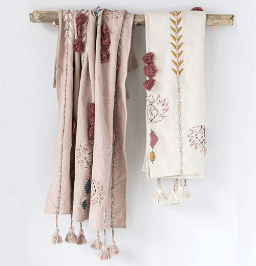 Cotton Embroidered Throw w/ Tassels &amp; Applique, Cream Color