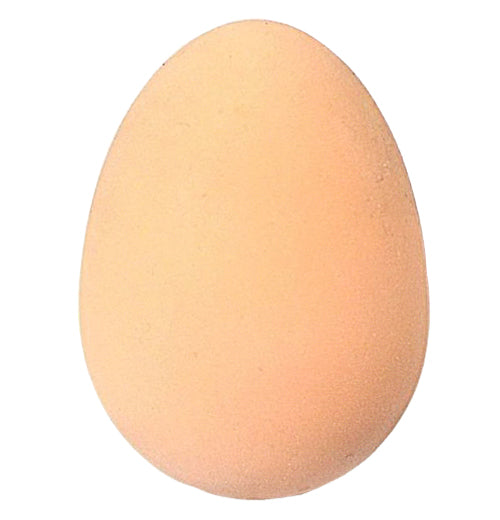 This tan bouncy ball is shaped like an egg.