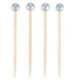 Four bamboo Cocktail Picks with silver ball ends on the top