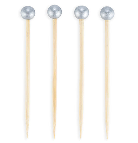 Four bamboo Cocktail Picks with silver ball ends on the top