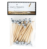 Package of 40 bamboo cocktail picks with silver ball ends.