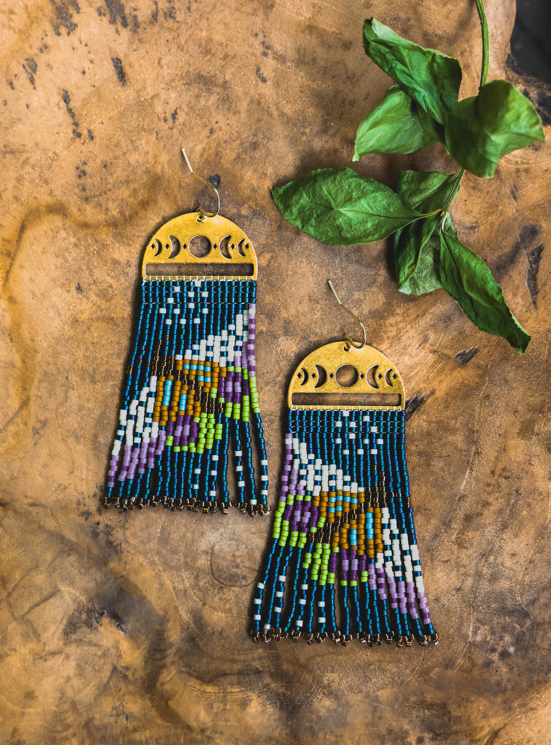 Beaded Handwoven Moonlit Moth Fringe Earrings (Forest)