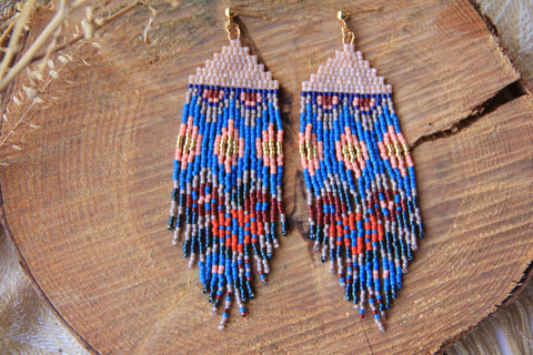 Beaded Handwoven Huipil Fringe Earrings (Ocean Sunset)