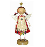 This figurine is of a angel girl with a star above her head and dressed in a red and white dress. She holds some black, red, yellow, and green Christmas lights in both hands.