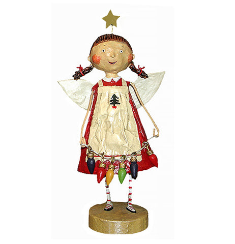 This figurine is of a angel girl with a star above her head and dressed in a red and white dress. She holds some black, red, yellow, and green Christmas lights in both hands.