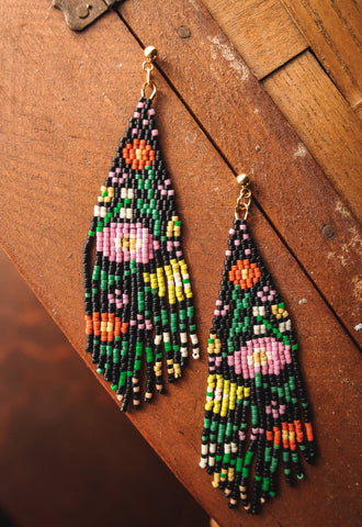Beaded Handwoven Wildflower Fringe Earrings (Black)