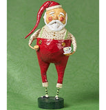 The Santa Claus figurine wearing the white shirt with the cup in one hand against a green background.