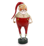 This sculpted figurine is of Santa Claus wearing his red hat and red pants with suspenders. He wears a white shirt with red polka dots, and holds a tea cup in one hand.