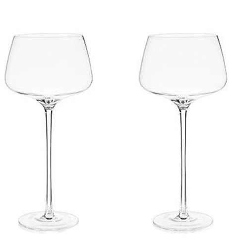 Two clear glasses with long stems and short squat cups. 