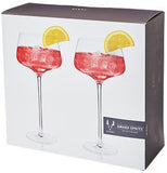 A white box with the images of two glasses holding pink liquid and lemon wedges with a branding logo.