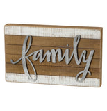 This wooden block features the word "Family" stenciled in steel and attached to the wood.
