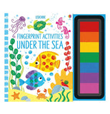 Finger Printing Activities Under the Sea Book that has a Jelley fish, turtle, sea horses, and different colored fish and a crab and a star fish on the cover and tray of paints attached on the right side.
