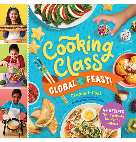 A yellow, green, red, and blue book has pictures of smiling, racially diverse children with pictures of food. Text reads "Cooking class global feast! Deanna F. Cook Best-selling author of Cooking Class & Baking Class 44 recipes that celebrate the world's cultures"