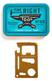 Metal box says "The Right Tool For The Job." With multi purpose travel tool that is the same size and shape of a credit card .