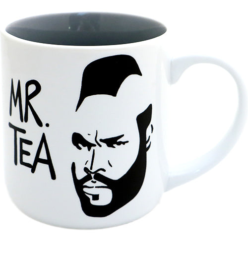 A mug with a white exterior and black interior.  In black, it reads "Mr. Tea." with an outline of Mr. Ts&