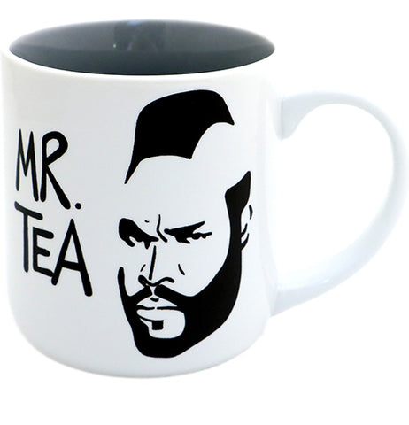 A mug with a white exterior and black interior.  In black, it reads "Mr. Tea." with an outline of Mr. Ts' head.