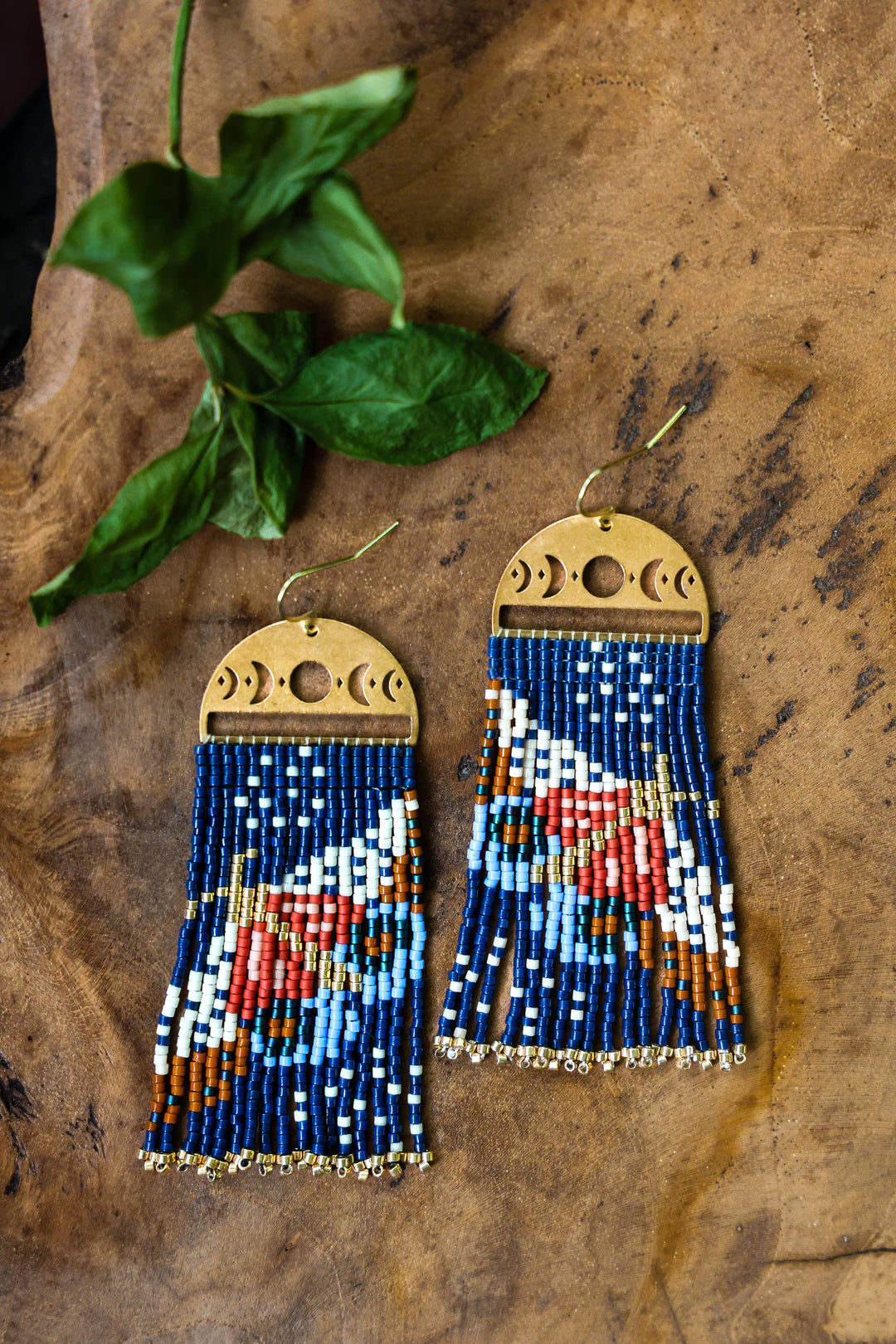 Beaded Handwoven Moonlit Moth Fringe Earrings (Indigo)
