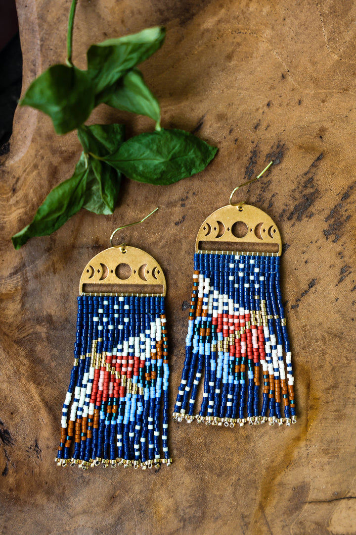 Beaded Handwoven Moonlit Moth Fringe Earrings (Indigo)