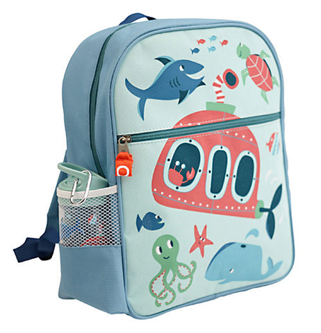 Backpack with ocean theme on it.