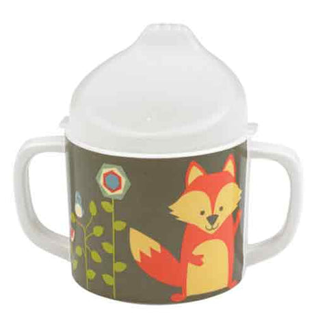 This sipping cup has a fox and flowers on it and is green with a white top.