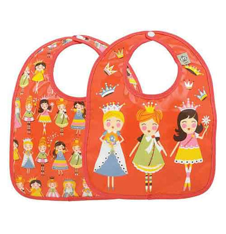 This baby bib features a few rows of princesses all wearing differently colored dresses and crowns. Three of them are shown on the back.