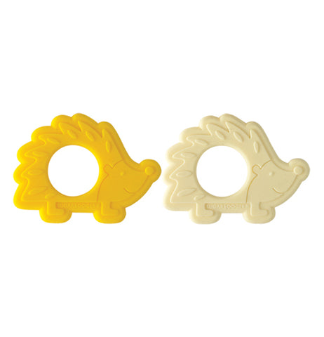 This is a set of 2 silicone hedgehog teethers. One is yellow and one is cream colored.