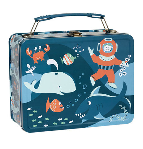 Metal lunch box with ocean theme.