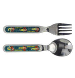 The spoon and fork with the mermaid designs are shown by themselves outside their box.