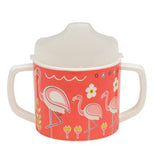 Baby sippy cup with pink flamingos on it back view.