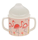Kids Sippy cup with pink flamingos on it showing light pink front.