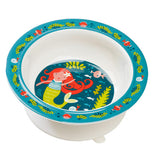 A white suction baby bowl with an image of Isla the Mermaid in the blue sea at the bottom of the bowl with marine life on the lip of the bowl. 