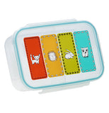 Meadow friends bento box with four rectangular colors with animals of a fox in red, a porcupine in orange, a rabbit in light green and an owl in turquoise.