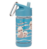 The blue water bottle with white otters on the water's surface is shown from another angle. A metal clip is shown clamped to the blue plastic lid.