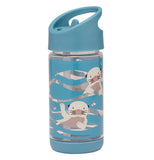 This image shows a blue water bottle with a blue lid, on the bottle a drawing of otters floating on the water goes around the bottle. 