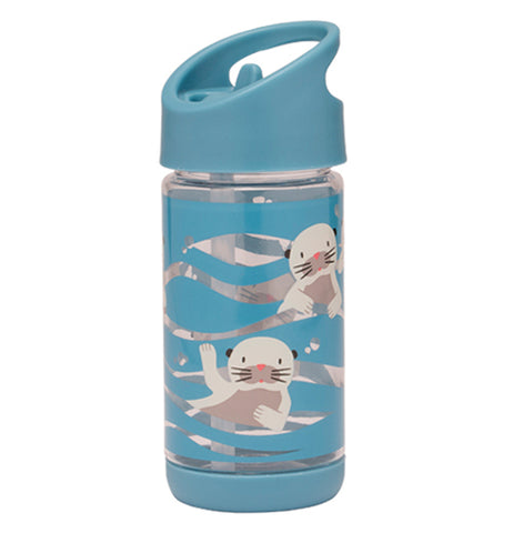 This image shows a blue water bottle with a blue lid, on the bottle a drawing of otters floating on the water goes around the bottle. 