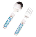 This silver spoon and fork are both decorated with images of sea otters poking their heads above the water.