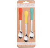 The three steel spoons with the differently colored silicone handles are shown tied to their packaging. The words, "Lil' Bitty Spoons" are shown in brown against a white banner sign above the spoons. The word, "Sugarbooger" is shown at the bottom below the spoons.