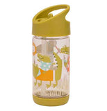 This drinking bottle is shown with a green colored lid and bottom with an illustration of alligators all around it.