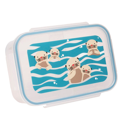 A plastic clear and blue bento box is decorated with brown and black otters with red noses swimming in blue water.