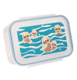 A plastic clear and blue bento box is decorated with brown and black otters with red noses swimming in blue water.