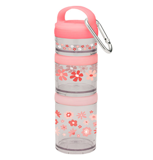 three clear stackable containers with pictures of different colored flowers with a removable clip