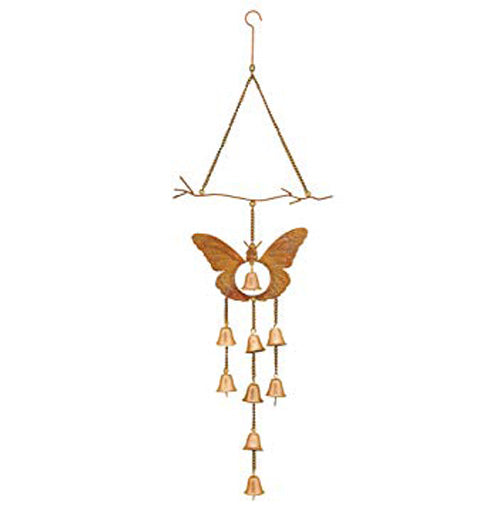 This butterfly wind chime has a bell hanging in the center of a bronze butterfly with 8 bells hanging down on chains.