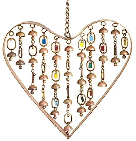 This heart-shaped wind chime has small yellow, blue, copper, and red bells within it.