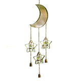 This Wind Chime features the Moon with three stars with colorful bells hanging down with colorful gems hanging down.