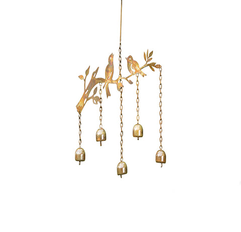 This wind chime features a sculpture of birds sitting on a tree branch with bells underneath.