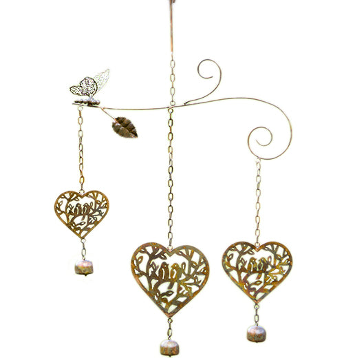 Flamed 3 Openwork Hearts W/Butterfly Wind Chime