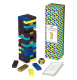 The "Tumbling Blocks" Game features black, yellow, teal, blue, and gold blocks with package box and a dice on the right. 