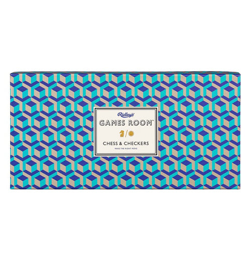 The blue box with a checkered light and dark blue pattern has a white sign in the middle. On the sign are the words, "Ridley&