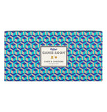 The blue box with a checkered light and dark blue pattern has a white sign in the middle. On the sign are the words, "Ridley's Games Room Chess and Checkers" in black and blue lettering.